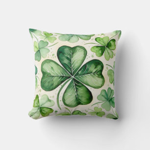 Watercolor 4 Leaf Clover Lucky Shamrock Irish Erin Throw Pillow