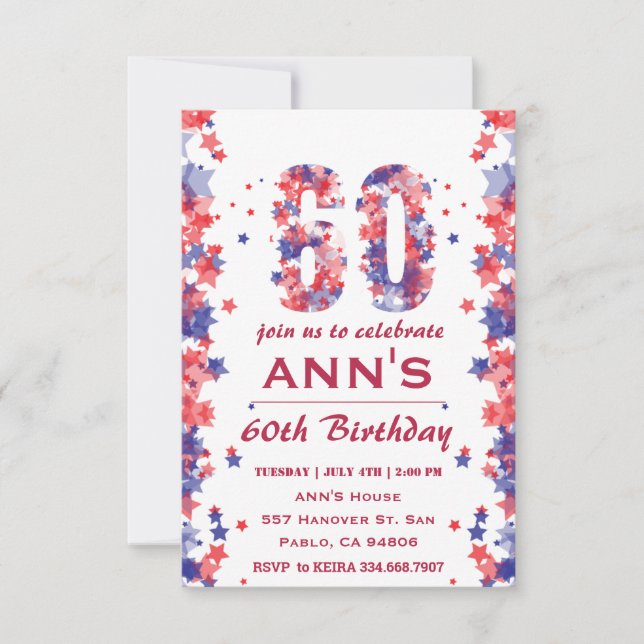 Watercolor 4th July 60th Birthday Party Invitation (Front)