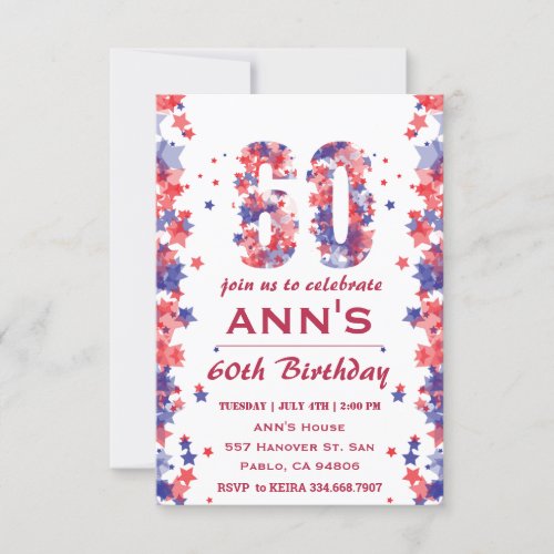 Watercolor 4th July 60th Birthday Party Invitation