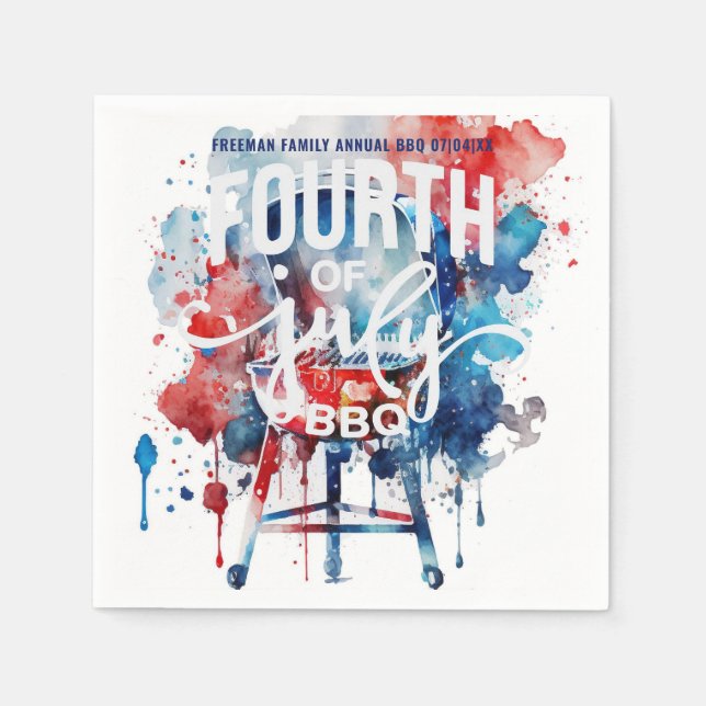 Watercolor 4th of July Barbecue Cookout Party Napkins (Front)