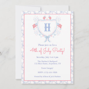 Watercolor 4th of July Fireworks Monogram Crest Invitation