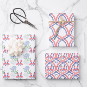 Watercolor 4th of July Hydrangeas & American Flags Wrapping Paper Sheets