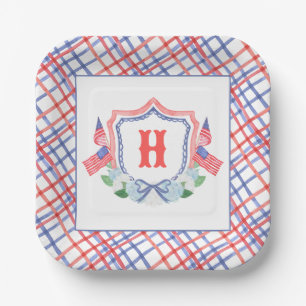 Watercolor 4th of July Hydrangeas Monogram Crest Paper Plates