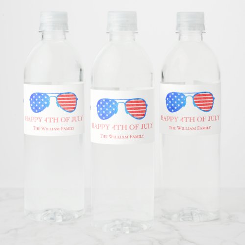 Watercolor 4th of July USA Sunglasses Themed Party Water Bottle Label