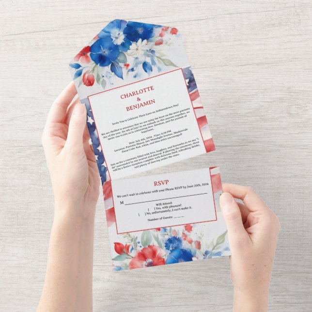 Watercolor 4th of July Wedding  All In One Invitation (Tearaway)