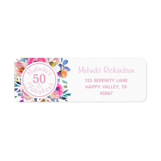 Watercolor 50 and Fabulous Pink Roses Floral Label (Front)