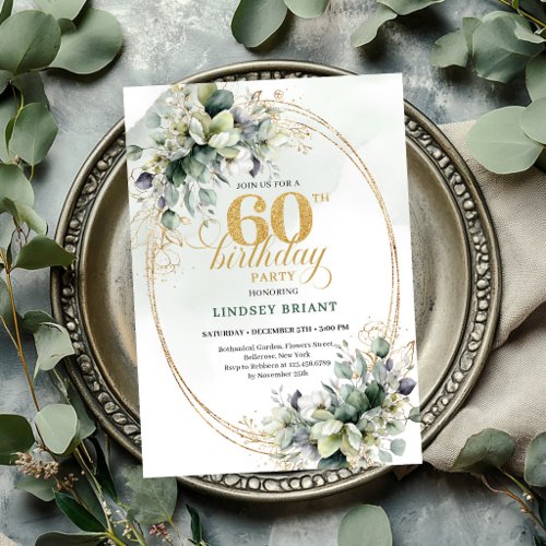 Watercolor 60th Birthday Greenery Gold Invite