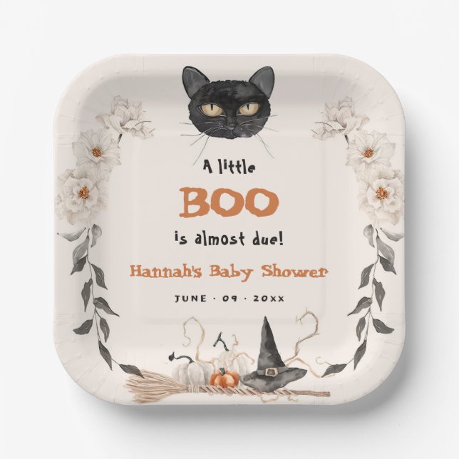 Watercolor A Little Boo Halloween Baby Shower Paper Plates (Front)