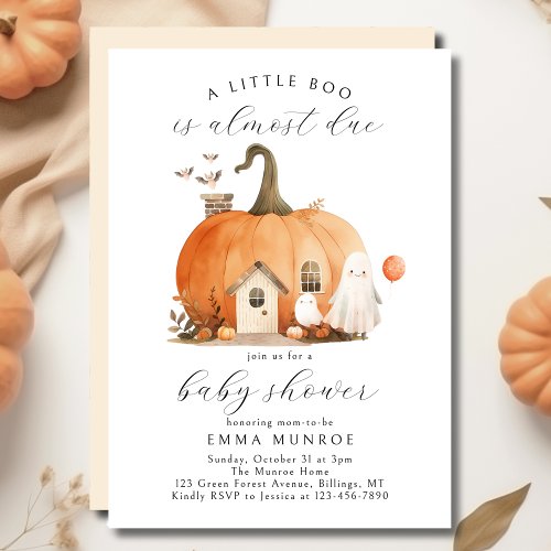 Watercolor A Little Boo Is Almost Due Baby Shower Invitation