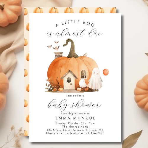 Watercolor A Little Boo Is Almost Due Baby Shower Invitation