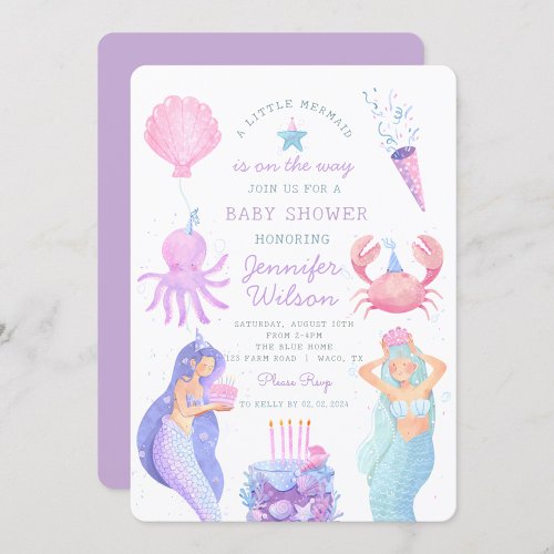 Watercolor A little Mermaid Baby Shower  Invitation