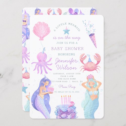 Watercolor A little Mermaid Baby Shower  Invitation