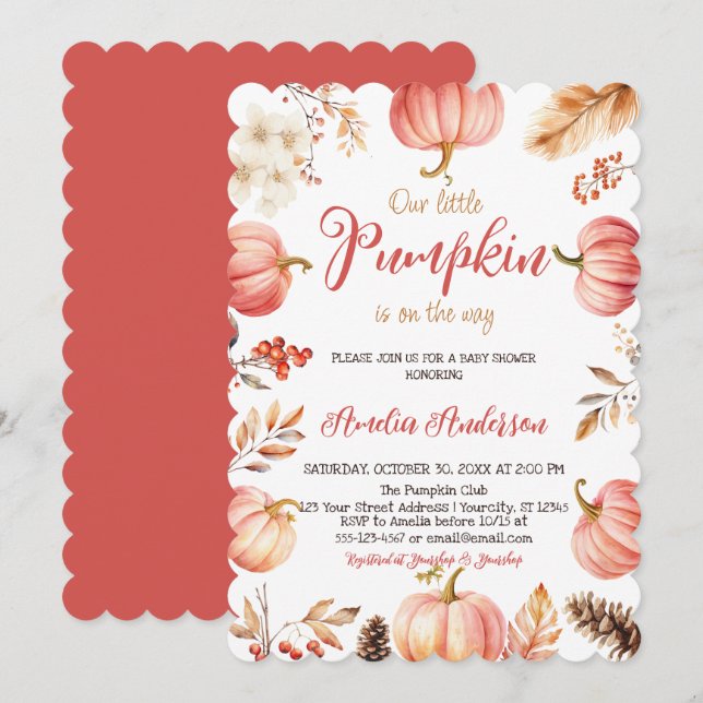 Watercolor A Little Pumpkin Fall Girl Baby Shower Invitation (Front/Back)