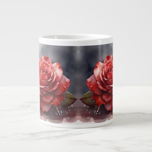 watercolor A red rose with dewdrops on its Petals Giant Coffee Mug