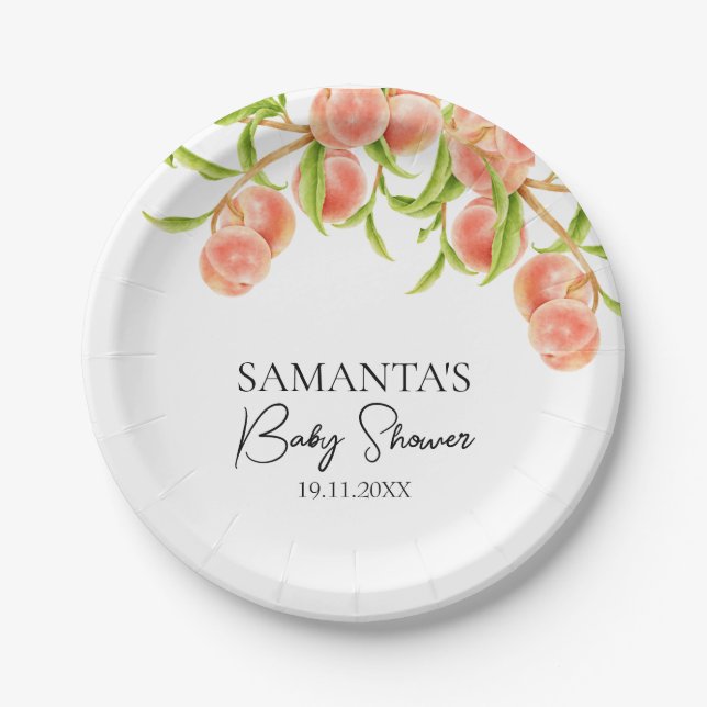 Watercolor A Sweet Little Peach Baby Shower Paper Plates (Front)