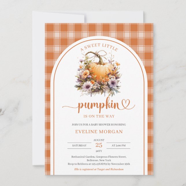 Watercolor A sweet little pumpkin autumn plaid Invitation (Front)