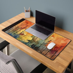 Watercolor Abstract Autumn Rainbow Trees Monogram  Desk Mat