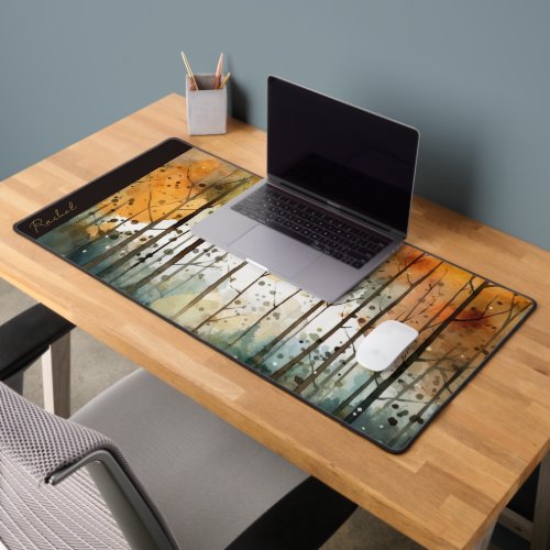 Watercolor Abstract Autumn Trees Monogram  Desk Mat