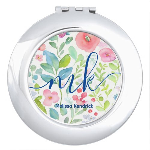 Watercolor Abstract Berries Ferns Flowers Monogram Compact Mirror