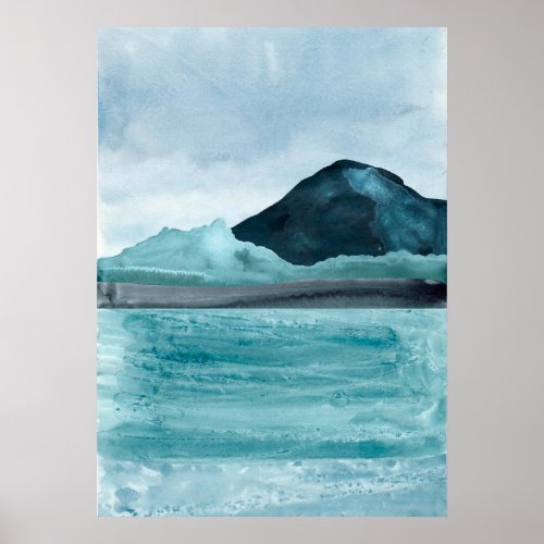 Watercolor abstract blue lake landscape Modern art Poster