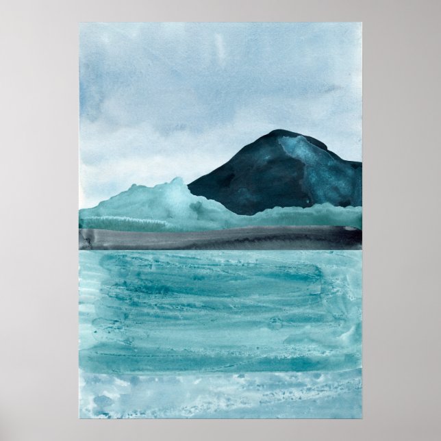 Watercolor abstract blue lake landscape Modern art Poster (Front)