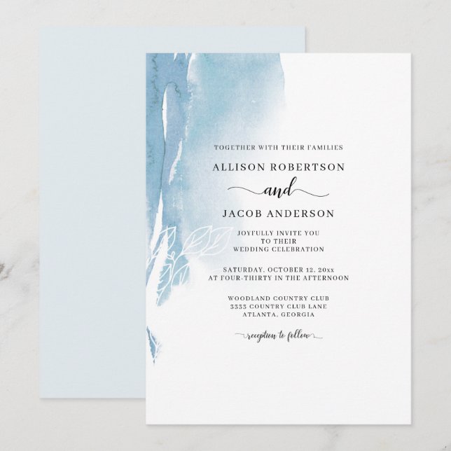 Watercolor Abstract Blue White Floral Wedding Chic Invitation (Front/Back)