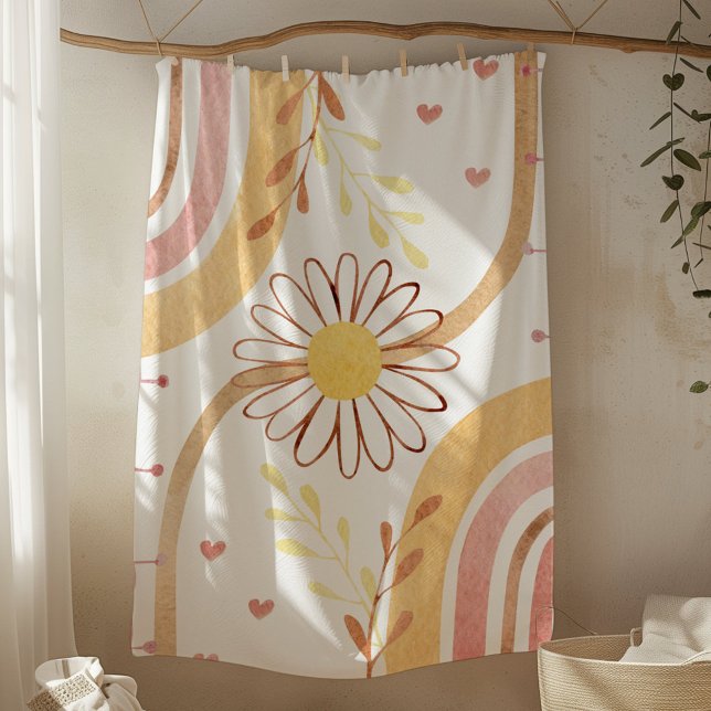 Watercolor Abstract Botanical Flower and Rainbow Fleece Blanket (In situ)