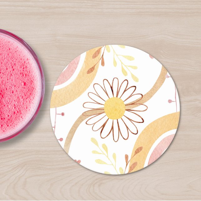 Watercolor Abstract Botanical Flower and Rainbow Round Paper Coaster (In situ)