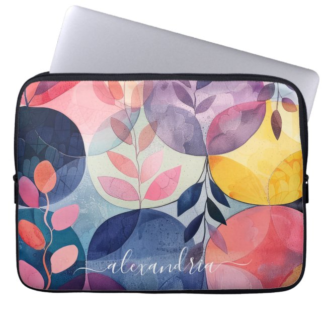 Watercolor Abstract Botanical Shapes With Name Laptop Sleeve (Front)
