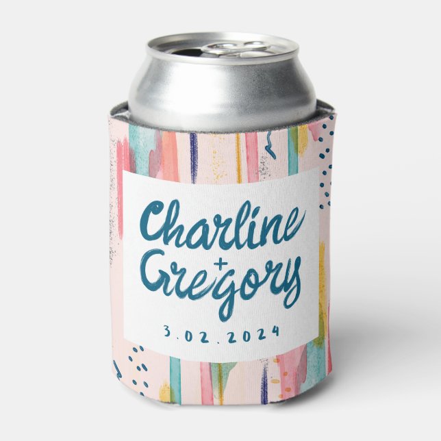 Watercolor Abstract Colorful Brush Strokes Wedding Can Cooler (Can Front)
