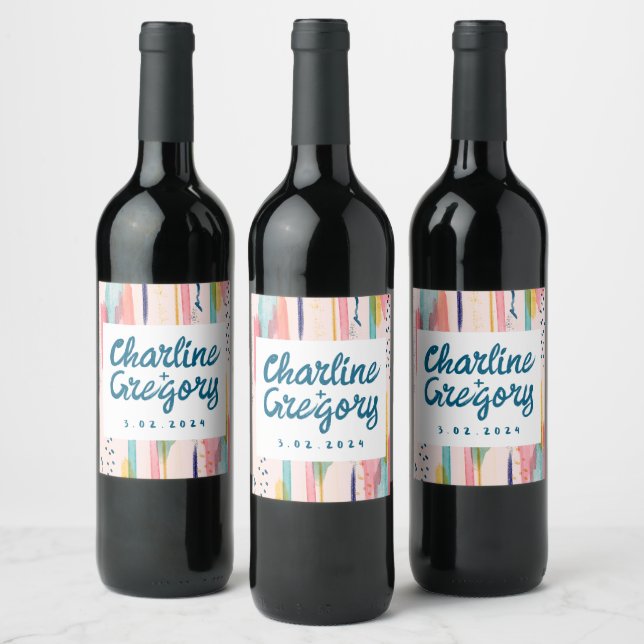 Watercolor Abstract Colorful Brush Strokes Wedding Wine Label (Bottles)