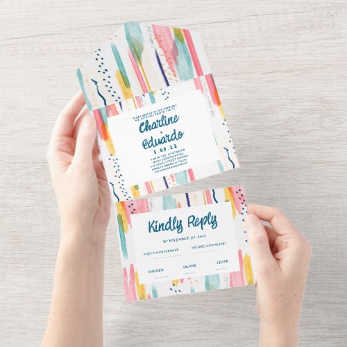 Watercolor Abstract Colorful Brush Wedding  All In One Invitation