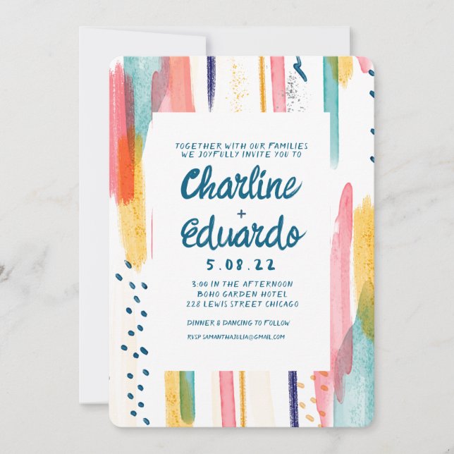 Watercolor Abstract Colorful Brush Wedding Invitation (Front)