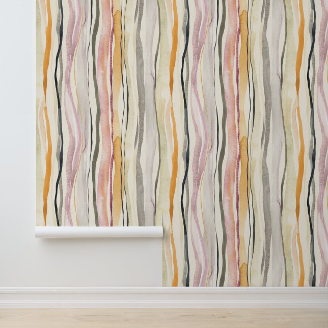 Watercolor Abstract Colorful Layered Wavy Stripes Wallpaper (Application)