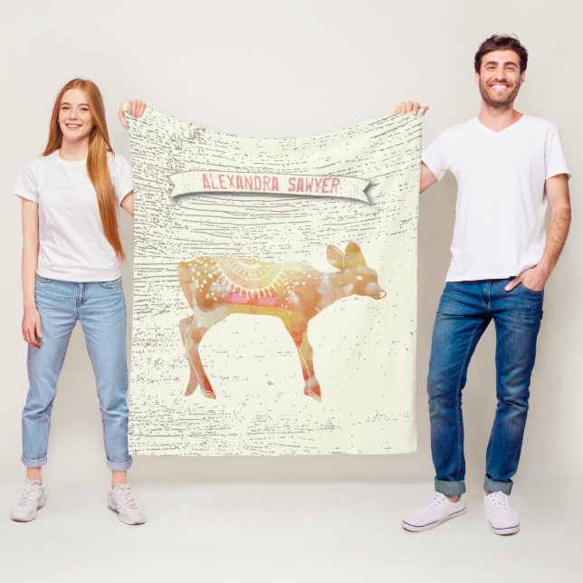 Watercolor Abstract Deer Rustic Wood Pattern Fleece Blanket (In Situ)