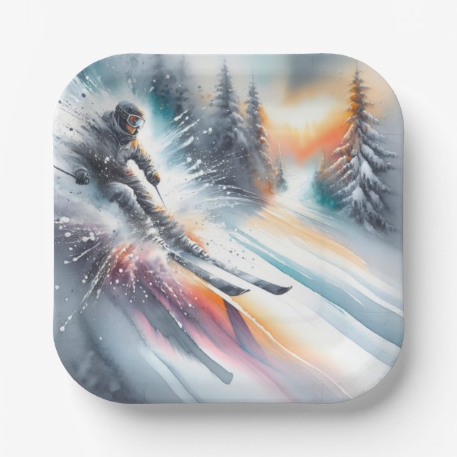Watercolor Abstract Downhill Skier Paper Plates (Front)