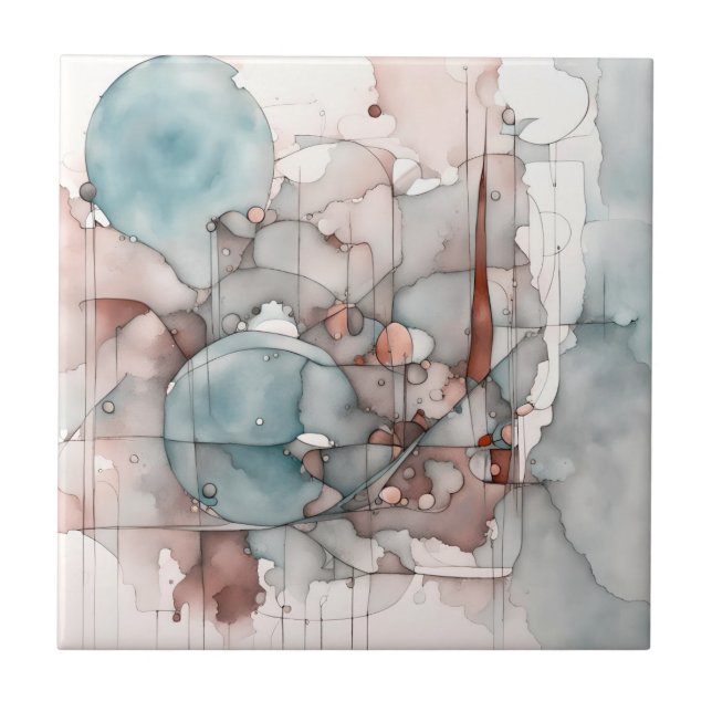 Watercolor Abstract Expressionist Blue Pink Ceramic Tile (Front)