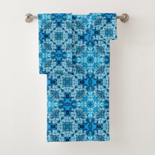 Watercolor Abstract Floral Denim Blue   Bath Towel Set