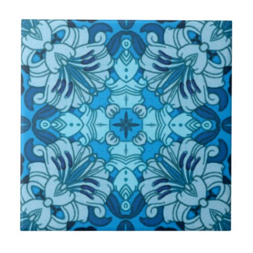 Watercolor Abstract Floral Denim Blue   Ceramic Tile