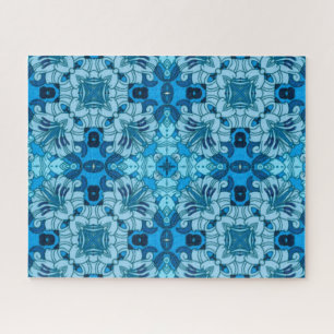 Watercolor Abstract Floral Denim Blue Jigsaw Puzzle