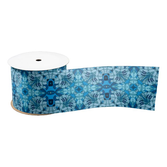 Watercolor Abstract Floral Denim Blue Satin Ribbon (Spool)