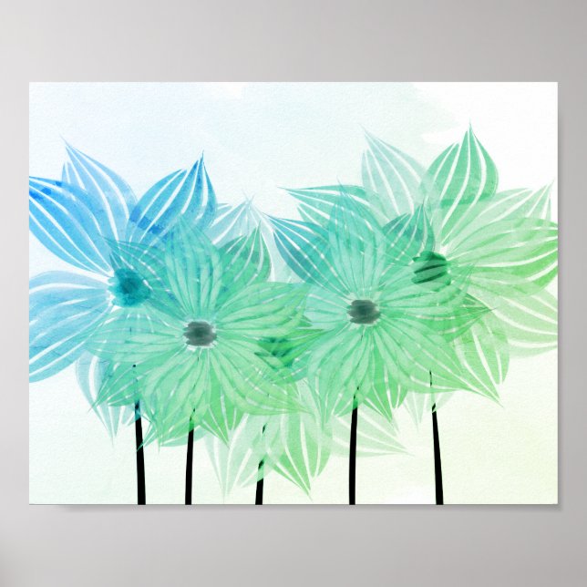 Watercolor Abstract  Flowers Green Blue Poster (Front)