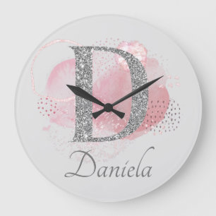 Watercolor Abstract & Glitter Letter D Large Clock