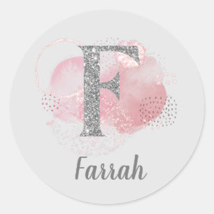 Watercolor Abstract & Glitter Letter F  Classic Round Sticker