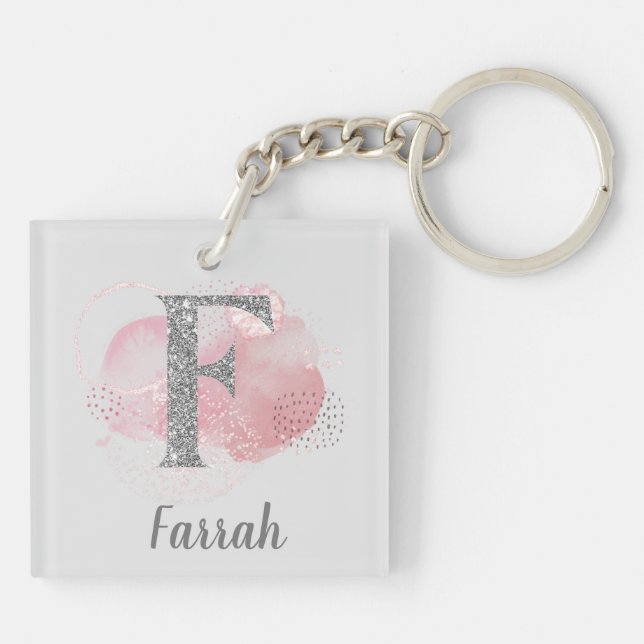 Watercolor Abstract & Glitter Letter F  Keychain (Back)