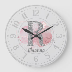 Watercolor Abstract & Glitter Letter R Large Clock