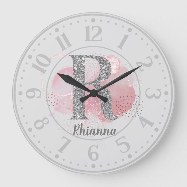 Watercolor Abstract & Glitter Letter R Large Clock (Front)