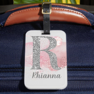 Watercolor Abstract & Glitter Letter R Luggage Tag