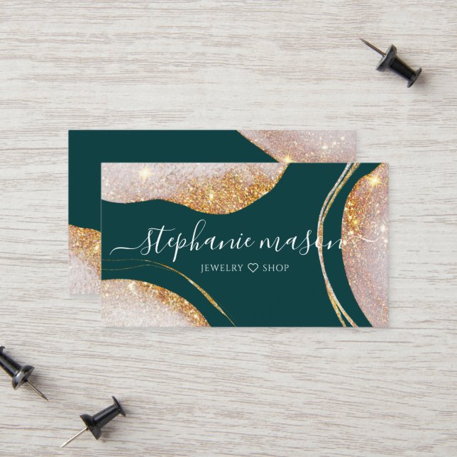 Watercolor Abstract Gold Glitter Green Calling Card (Front/Back In Situ)