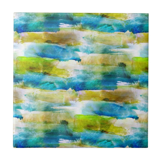 Watercolor abstract green, blue ceramic tile (Front)
